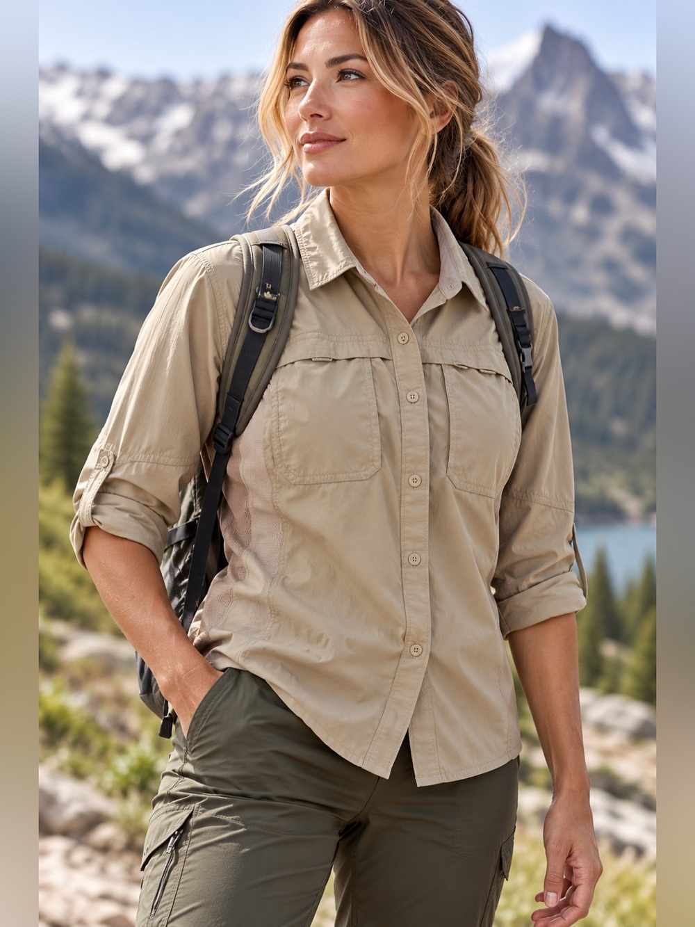 REI Co-op Women’s Sahara Long-Sleeve Hiking Shirt khaki Nylon Stretch Utility L